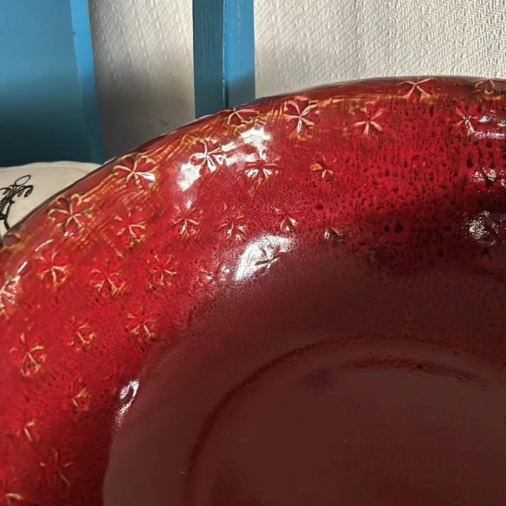 Burgundy Red ASIAN BLOSSOM Round STONEWARE SERVING BOWL